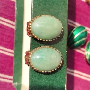 Clip-on earrings; green plastic looks like stone